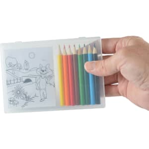 A hand holding a clear case containing coloured pencils in various colors and a drawing pad with a printed image.