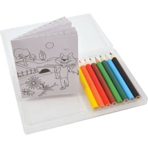 A drawing set featuring a clear case containing colored pencils in red, yellow, green, blue, black, and a coloring booklet.