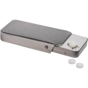 A sleek silver slider tin containing sugar-free breath mints, with a couple of mints beside it.