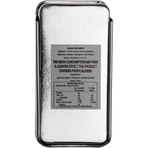 A silver slider tin containing sugar-free mints, featuring a nutrition label on the front.