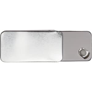 A slider tin containing sugar-free breath mints. The tin has a sleek, shiny metallic finish.