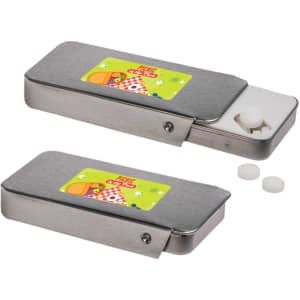 A silver slider tin filled with sugar-free breath mints, featuring a colorful label and two mints beside it.