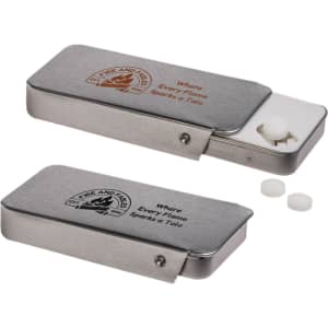 A slider tin containing sugar-free breath mints, featuring a metallic silver finish and a logo on the lid.