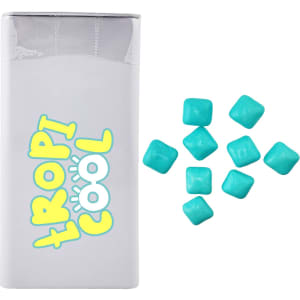 A rectangular pack of mints with a logo, accompanied by turquoise chewy mints scattered around it.