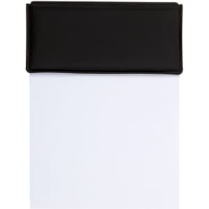 A black notepad with a sleek cover and blank white sheets for note-taking. It features a branding logo on the cover.