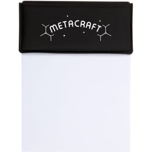 A black memo pad with a textured cover and a white notepad inside. It features a logo on the front.