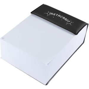 A notepad featuring a black cover with a logo and white paper, designed for office use.