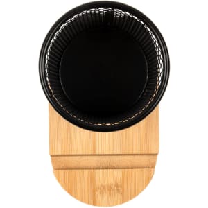 A bamboo pen tidy phone stand featuring a black mesh holder and a rounded bamboo base.