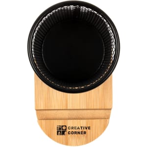 A bamboo pen tidy phone stand with a black mesh holder on top and a wooden base, featuring a logo.
