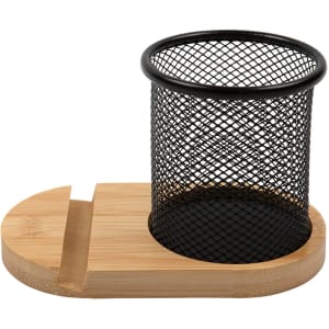 A bamboo pen tidy phone stand featuring a black mesh holder on a bamboo base, designed for organising stationery.