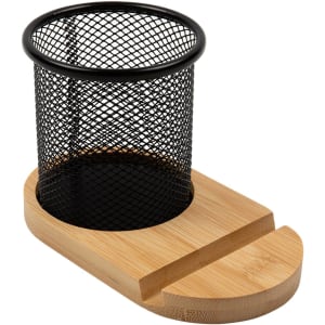 A bamboo pen tidy phone stand features a black mesh holder on a bamboo base, designed for stationery and devices.