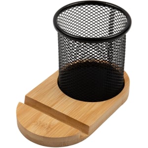 A bamboo pen tidy with a black mesh holder, featuring a sleek base for a phone stand.