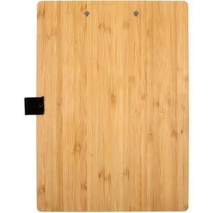 A bamboo A4 clipboard with a smooth surface and a black metal clip at the top.