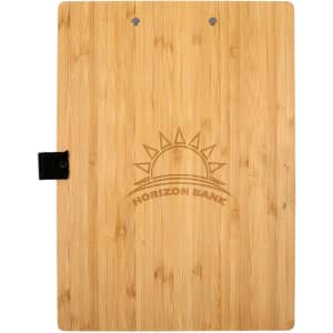 A bamboo A4 clipboard with a smooth surface, featuring a black clip and an embossed logo.