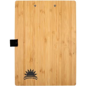 A bamboo A4 clipboard with a black clip and a logo on the bottom. The surface has a natural wood grain finish.