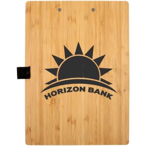 A Bamboo A4 clipboard in natural wood colour with a logo printed in black. It features a metal clip at the side.