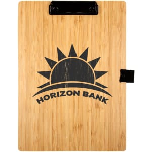 A bamboo A4 clipboard featuring a natural finish and a black clip, with a logo printed on the surface.