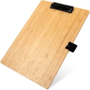 A bamboo A4 clipboard with a black clip and strap, showcasing a natural wood finish.
