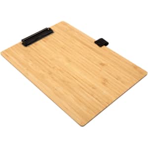 A bamboo A4 clipboard with a black clip, featuring a natural wood finish and a smooth surface.