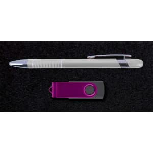 A silver pen and a purple USB drive on a black background, part of the Alliance Gift Set.