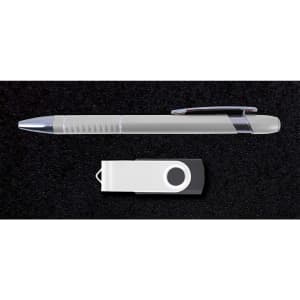 A silver pen and a white USB drive displayed on a black background, part of the Alliance Gift Set.