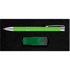 A green pen and a black USB flash drive are presented in a dark velvet box, featuring a branded logo.