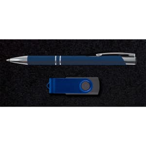 A metal pen and a USB drive in navy blue, presented on a black textured background. Both items feature a branding logo.
