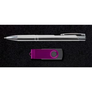 A sleek metallic pen and a purple USB flash drive in a black presentation box, part of the Bellman Gift Set.