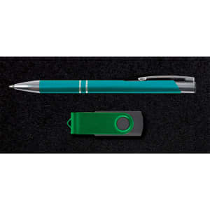 A green pen and a green USB flash drive are presented in a black gift box, part of the Bellman Gift Set.