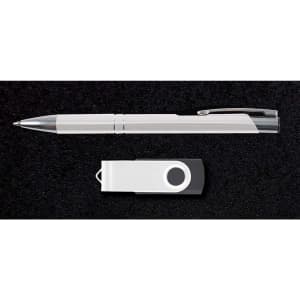 A pen and a USB drive are presented in a black gift box, highlighting the Bellman Gift Set.