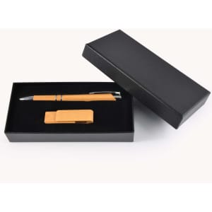 A bamboo pen and pen holder set is displayed in a sleek black gift box, suitable for the Kyoto Gift Set.