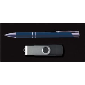 A blue pen and a silver flash drive are arranged on a black background, showcasing a sleek promotional gift set.
