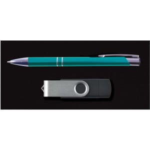 A teal pen and a silver and black flash drive arranged on a dark background.