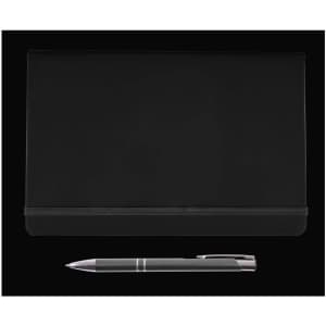 A sleek black notebook with an elastic closure, paired with a silver-accented pen.