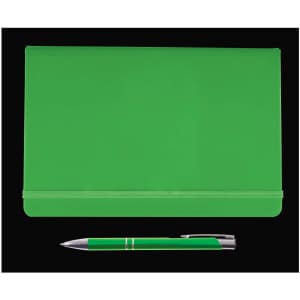 A green folder and a matching green pen are displayed together. The folder has an elastic band to keep it closed.