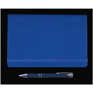 A blue folder with an elastic closure accompanied by a silver pen.