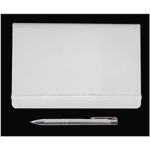 A sleek white portfolio accompanied by a silver pen. The portfolio features a smooth, minimalist design.