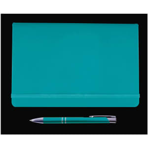 A teal folder and a matching pen, part of the Harmony Gift Set, designed for office and business use.