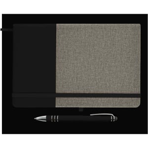 A notebook featuring a textured cover in dark gray and light gray, accompanied by a sleek black pen.