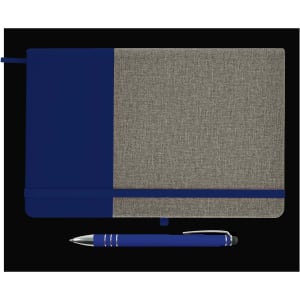 A notebook with a textured beige cover and a navy blue section, accompanied by a blue pen with silver accents.