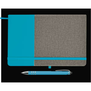A notebook with a grey fabric cover and turquoise accents, accompanied by a matching turquoise pen.
