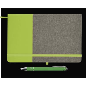 A notebook with a textured gray cover and vibrant green accents, accompanied by a matching green pen.