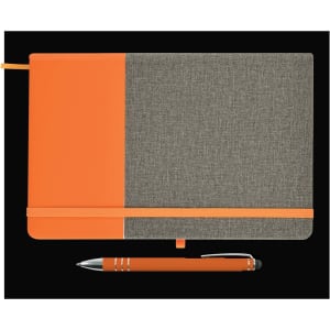 A notebook featuring a gray and orange design alongside a matching orange pen.