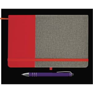 A notebook with a grey and red cover and a matching elastic band, accompanied by a purple pen.