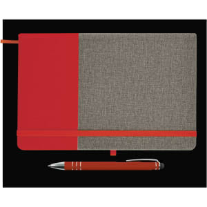 A notebook with a red and gray cover and an elastic band, accompanied by a matching red pen.
