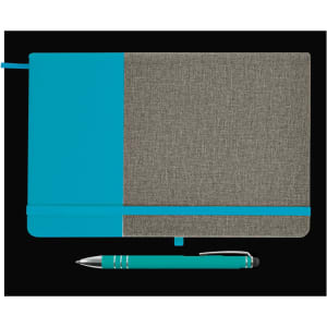 A notebook with a textured gray cover and teal accents, accompanied by a matching teal pen.