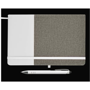 A notebook with a textured green and white cover, accompanied by a sleek white pen.