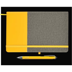 A notebook with a yellow and gray design and an elastic band, accompanied by a matching yellow pen.
