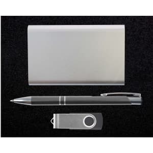 A silver pen, a silver cardholder, and a silver USB drive arranged on a dark background. The set features a logo.