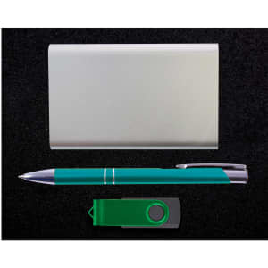 A power bank gift set featuring a sleek silver wallet, a green pen, and a green USB flash drive.